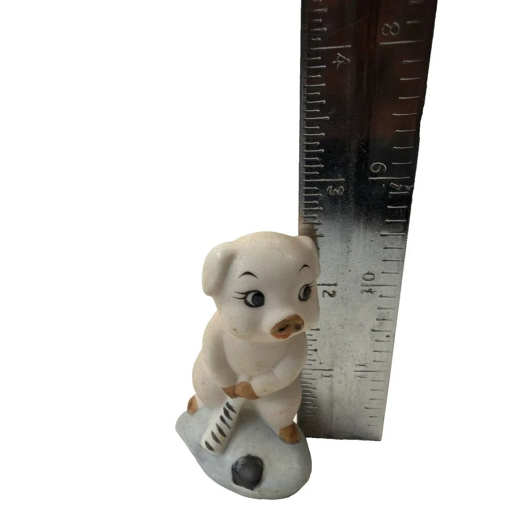 Vintage Pig Hockey Player Figurine Hand Painted Ceramic Made in Japan Style 3”